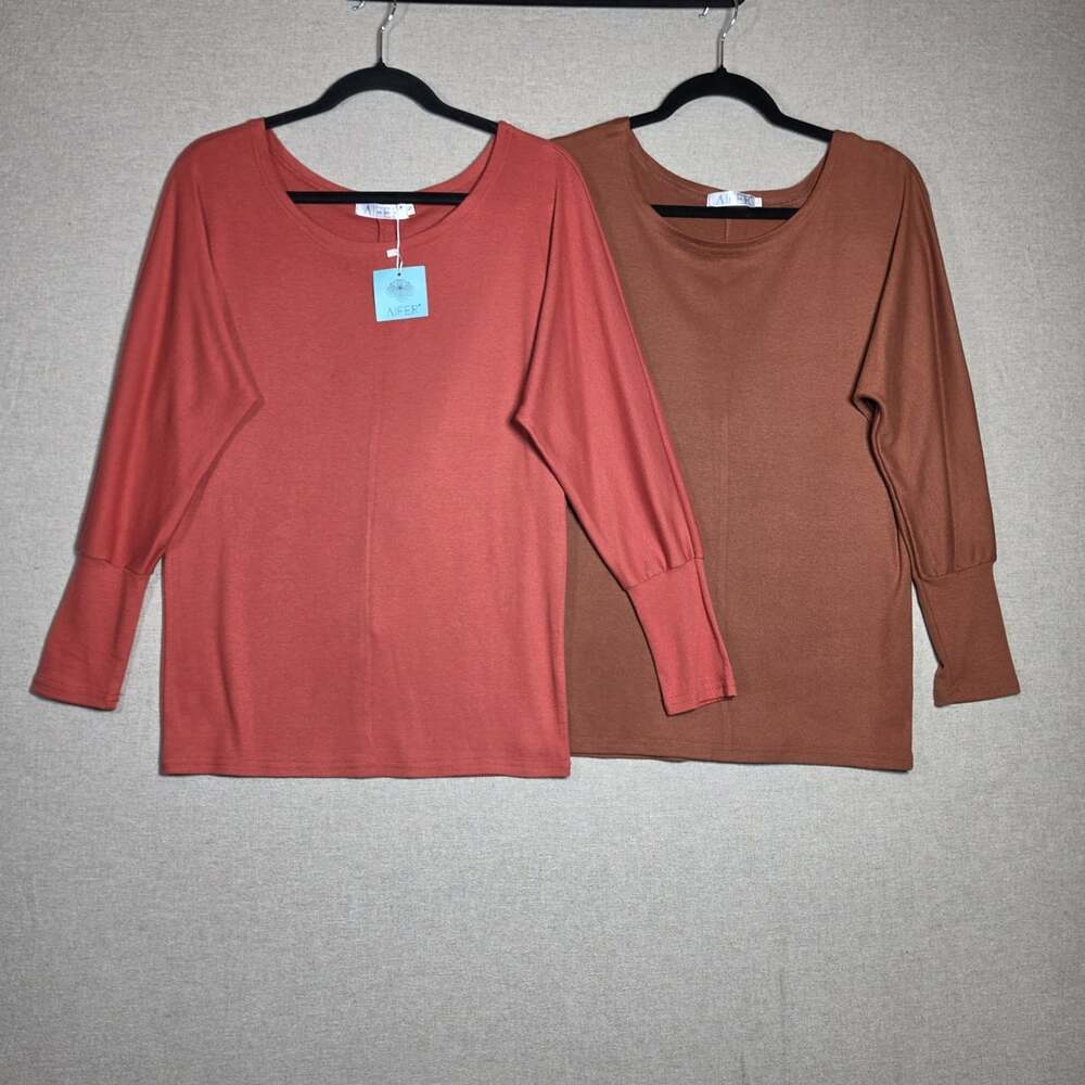 2 Aifer Womens Long Dolman Sleeve T Shirt Blouse Size S NWT Brown Rust